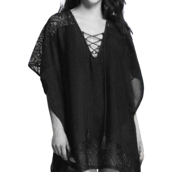 2/$30 NWT Merona Lace up Kaftan Swim Cover up Lace Trim Black Medium #8916 - Picture 1 of 10